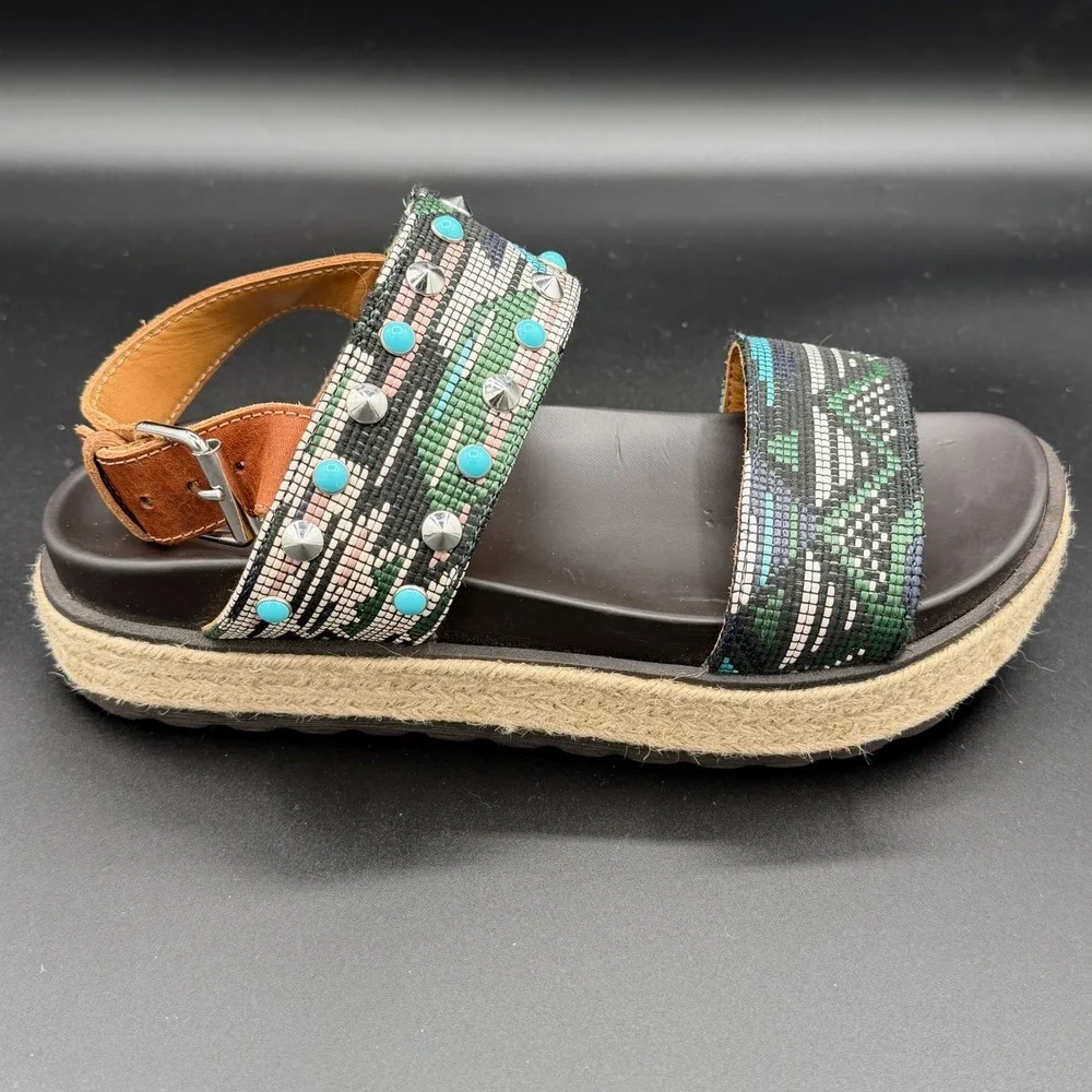 Stokton Italy Women 38 Woven Studded Turquoise Platform Espadrille Sandals